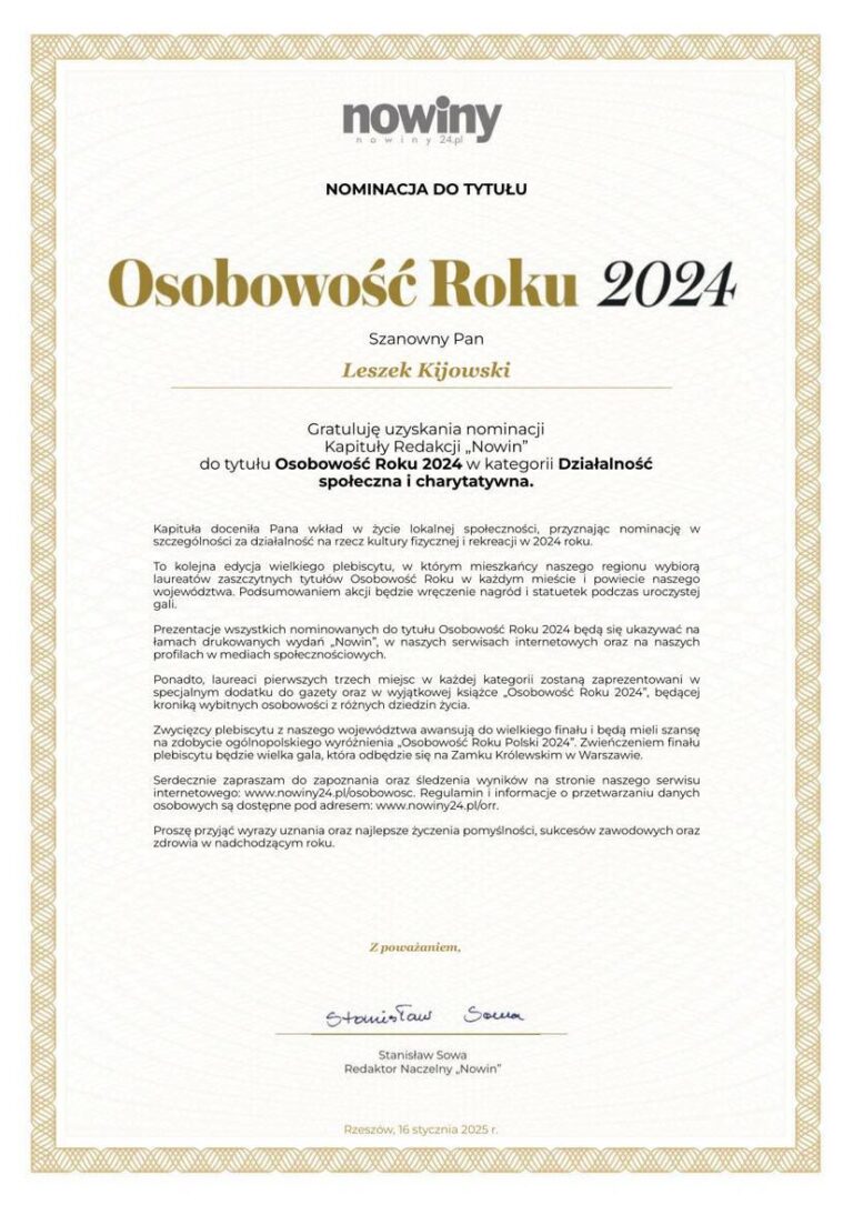Potwierdzenie nominacji do tytułu "Osobowość Roku 2024"