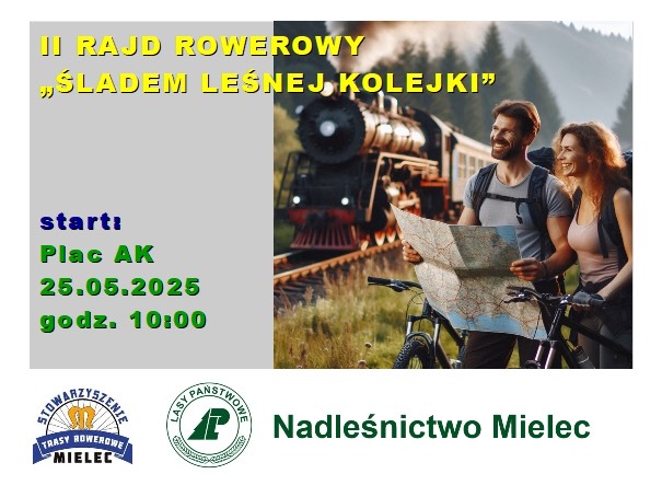 Plakat informujący o II rajdzie rowerowym "Śladem leśnej kolejki". U góry tytuł rajdu, po prawej stronie data i miejsce rozpoczęcia rajdu, po prawej duża grafika przedstawiająca dwoje rowerzystów na tle jadącej jadącego pociągu. Na dole logo Stowarzyszenia i Nadleśnictwa Mielec