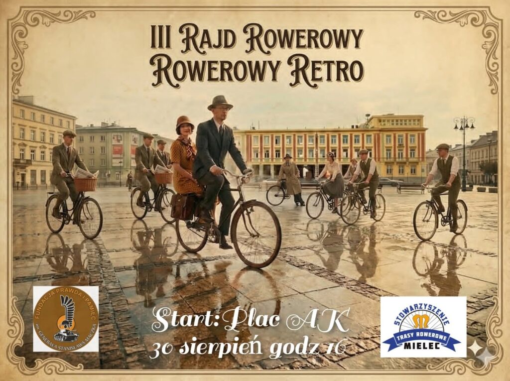 Plakat informacyjny dotyczący trzeciego rajdu rowerowego retro